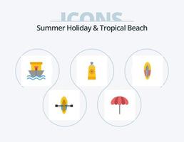 design de ícones do pacote de 5 ícones planos de praia. surf. Esportes. de praia. lazer. protetor solar vetor