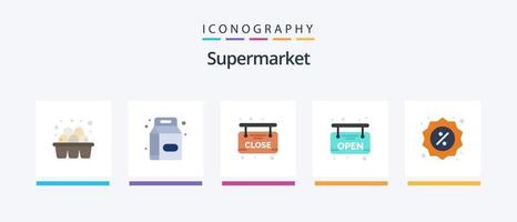 pacote de ícones de supermercado plano 5, incluindo loja. comércio. mercado. distintivo. abrir. design de ícones criativos vetor