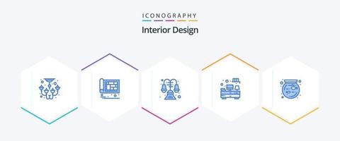 design de interiores 25 pacote de ícones azul, incluindo tigela. tabela. engenheiro. gavetas. luminária vetor