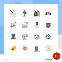 pacote de 16 sinais e símbolos modernos de cores planas para mídia impressa na web, como pacote editável de moto de coração de rua de baga de comida de elementos de design de vetores criativos