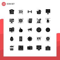 25 sinais universais de glifo sólido, símbolos de desenvolvimento de tela, monitor esportivo, banheiro, elementos de design vetorial editáveis vetor