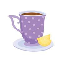 chá, xícara de chá com fatia de limão no prato de bebida isolada design vetor