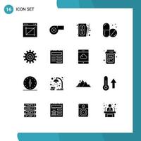 pacote de interface do usuário de 16 glifos sólidos básicos de engrenagens, configurando elementos de design de vetores editáveis de hospital de dinheiro