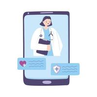 telemedicina, smartphone mulher médica, consulta por bate-papo, assistência online vetor
