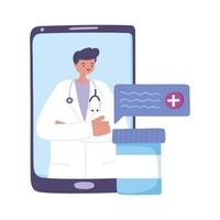 telemedicina, medicamento de prescrição de smartphone de médico masculino, tratamento por consulta e serviços de saúde online vetor
