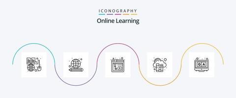 pacote de ícones de linha 5 de aprendizado on-line, incluindo respostas. dicionário. conhecimento. livro. local na rede Internet vetor