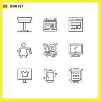 conjunto de esboço de interface móvel de 9 pictogramas de tratamento de compras de doces pessoas elementos de design de vetores editáveis de comércio eletrônico