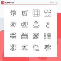 conjunto de 16 ícones de interface do usuário modernos, símbolos, sinais para finanças, catálogo telefônico, moeda, coração, elementos de design de vetores editáveis
