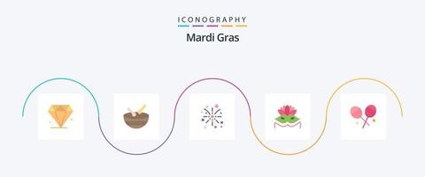 Mardi Gras Flat 5 Icon Pack incluindo . confeitaria. fogo. doce. máscara de fantasia vetor