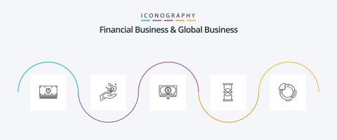 negócios financeiros e pacote de ícones da linha de negócios global 5, incluindo areia. cronômetro. dinheiro. Tempo. dólar vetor