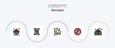 Linha do Ramadã preenchida com 5 ícones planos, incluindo Kareem. arquitetura. lua. Ramadã. não beber vetor