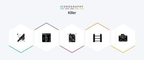pacote de ícones assassino de 25 glifos, incluindo morto. sinalização. garrafa. segurança. farpado vetor