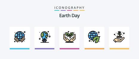 linha do dia da terra cheia de 5 ícones incluindo lâmpada. verde. globo. proteção. engrenagem. design de ícones criativos vetor