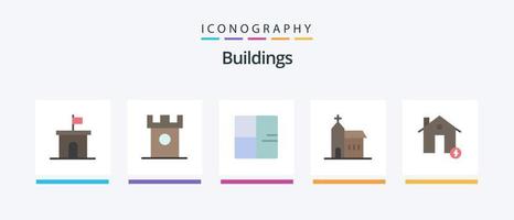 edifícios flat 5 icon pack incluindo igreja. prédio. colinas. plantar. edifícios. design de ícones criativos vetor