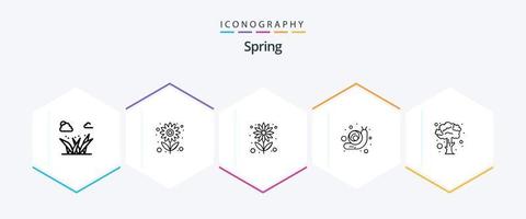 pacote de ícones de 25 linhas de primavera, incluindo primavera. Caracol. Sol. doodle. flor do sol vetor