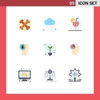 9 pacote de cores planas de interface de usuário de sinais e símbolos modernos de conhecimento, cabeça, seta, vidro, elementos de design de vetores editáveis