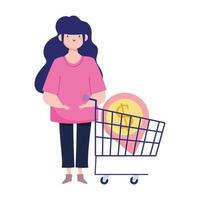 pagamento online, compra de carrinho e dinheiro feminino, compras no mercado de comércio eletrônico, aplicativo móvel vetor