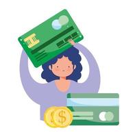pagamento online, garota com cartão de crédito e dinheiro do banco, compras no mercado de comércio eletrônico, aplicativo móvel vetor