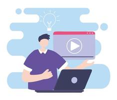 treinamento online, tutorial em vídeo homem com laptop, educação e cursos de aprendizagem digital