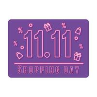 11 11 dias de compras, oferta de venda, bolsas de presentes de neon e letras vetor