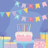 feliz aniversário, bolo doce com velas, presente, surpresas e desenho animado de decoração de celebração de flâmulas vetor