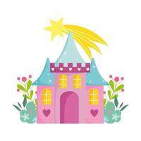 pequeno castelo arco-íris estrela cadente flores jardim nuvem jardim conto desenho animado vetor