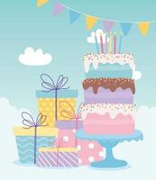 feliz aniversário, bolo com velas e caixas de presente celebração decoração cartoon vetor