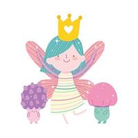 pequena fada princesa cogumelo arco-íris nuvem fantasia conto desenho animado vetor