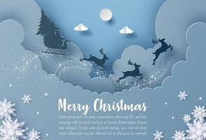 banner de cartão postal de natal papai noel e renas voando no céu vetor