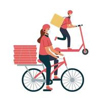 entrega mulher e homem com máscaras de desenho vetorial de bicicleta e scooter vetor