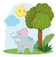 Desenhos animados bonitos de elefantes mãe e bebê grama natureza vetor