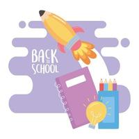 volta às aulas, foguete caderno de cores lápis criatividade educação desenho animado vetor