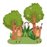 animais fofos árvores moneky flores grama floresta natureza selvagem desenho animado vetor