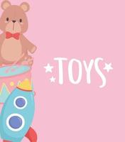 objetos de brinquedos infantis divertidos foguete de desenho animado e ursinho de pelúcia vetor