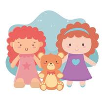 objetos de brinquedos infantis desenhos animados divertidos bonecos fofos e ursinho de pelúcia vetor