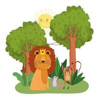 animais fofos leão macaco e gambá árvores folhagem grama floresta selvagem desenho animado vetor