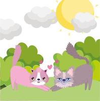 desenhos animados gatos adoráveis mascotes na grama céu vetor