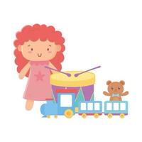 brinquedos infantis boneca trem de tambor e objeto de urso de pelúcia desenho divertido vetor