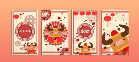 conjunto de cartão do zodíaco chinês boi dourado vetor