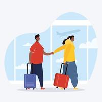 casal interracial viajantes com personagens avatares em malas vetor