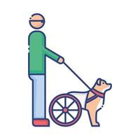 cachorro desabilitado com rodas guiando o ícone de estilo plano do cego vetor