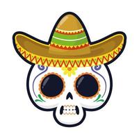 cabeça de caveira mexicana tradicional com chapéu mariachi estilo plano ícone ilustração vetorial design vetor