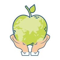 mãos levantando o planeta Terra com formato de maçã vetor
