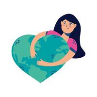 mulher abraçando o mundo, planeta Terra, com coração vetor