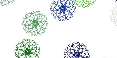 fundo do doodle do vetor azul e verde claro com flores.