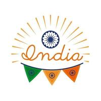 celebração do dia da independência da Índia com ícone de estilo plano Ashoka chakra e guirlandas vetor