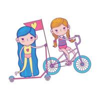 feliz dia das crianças, lindas garotas andando de bicicleta e scooter no parque vetor