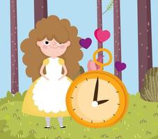 menina e coração de relógio amam grama da floresta no país das maravilhas vetor