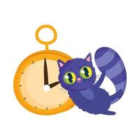 personagem de desenho animado do país das maravilhas, gato e relógio vetor