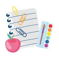 de volta às aulas, clipes de papel de maçã e paleta de desenho colorido com pincel